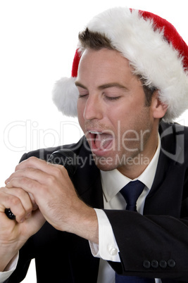 businessman singing into a microphone
