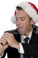 businessman singing into a microphone