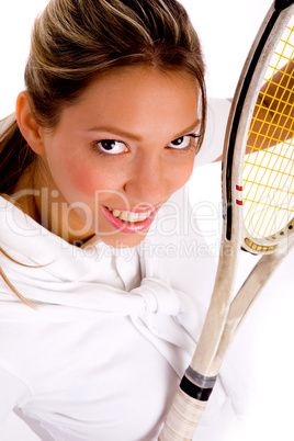 top view of smiling tennis player