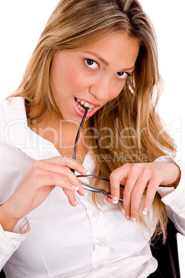 front view of young accountant holding eyewear