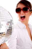 side pose of shouting woman holding disco ball