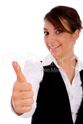 front view of happy corporate woman with thumbsup