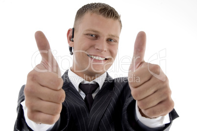 successful executive with thumbs up hand gesture