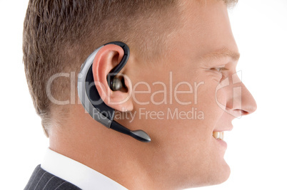 close up view of man wearing headset