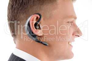 close up view of man wearing headset