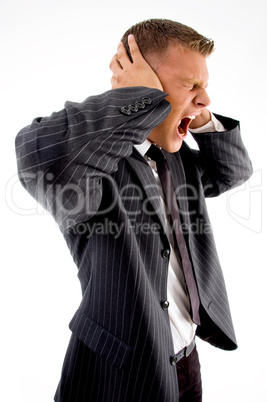 side pose of yelling businessman