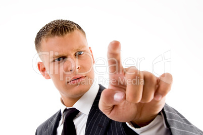 portrait of employee looking his index finger