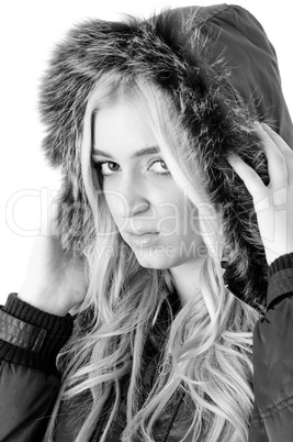 portrait of beautiful model wearing hood jacket