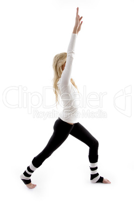 side view of smiling woman doing stretching exercise