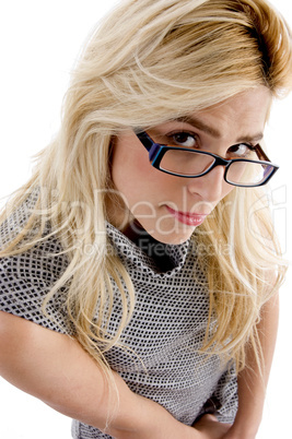 high angle view of woman wearing spectacles looking at camera