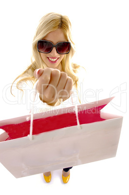 high angle view of happy woman with shopping bags