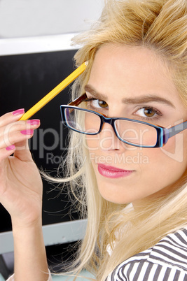 side pose of thinking businesswoman