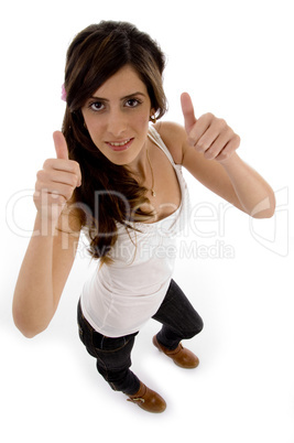 beautiful woman showing both thumbs up