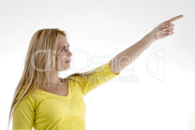 smiling woman pointing side smiling woman pointing side