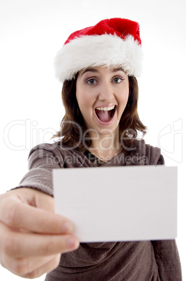 cheerful female showing business card