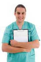 portrait of doctor holding clipboard close to his chest