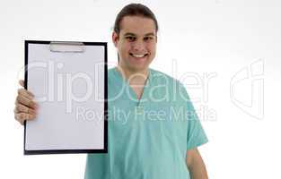 male doctor showing his notepad