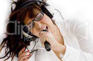 high angle view of woman enjoying music
