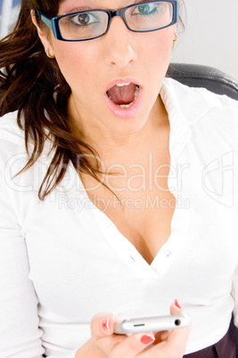 close view of shocked female with ipod