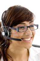 close up view of cheerful female customer care executive