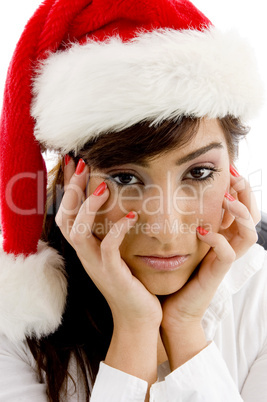 front view of sad businesswoman in christmas hat