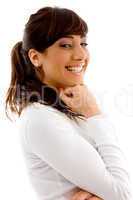 side pose of smiling businesswoman