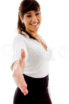 side pose of smiling businesswoman offering handshake