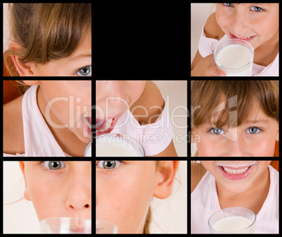 different poses of girl drinking milk