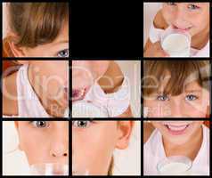 different poses of girl drinking milk