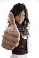 young model with thumbs up hand gesture