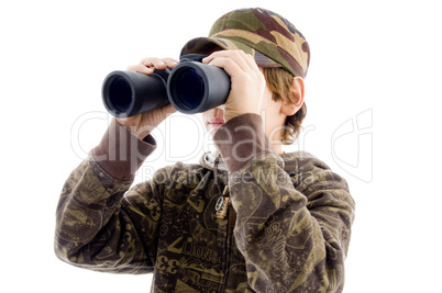 front view boy viewing through binoculars