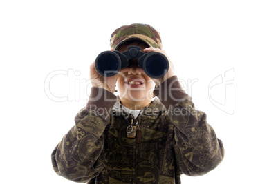 front view boy looking through binoculars