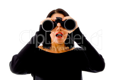 portrait of woman looking through binocular