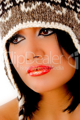 close view of model wearing woolen cap