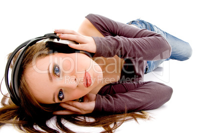 top view of woman holding headphone