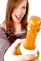 female showing champagne bottle