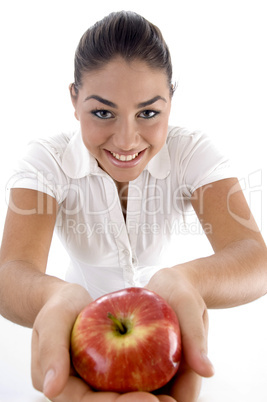 high angle view of woman with apple