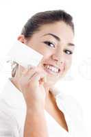 young attractive woman showing business card