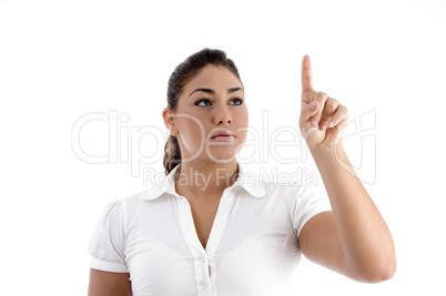 woman looking her finger