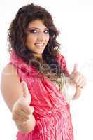 fashionable woman showing thumbs up