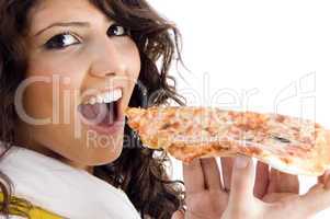 pretty woman eating delicious pizza