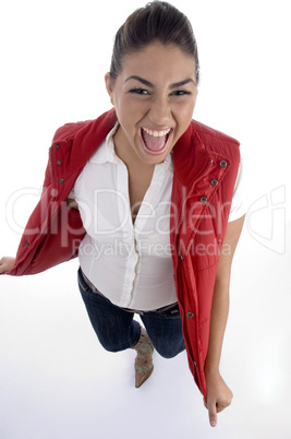 pretty girl posing in her red jacket