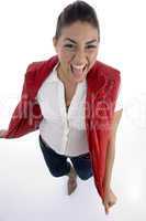 pretty girl posing in her red jacket