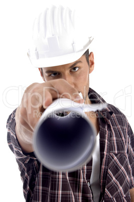 young architect giving close up view of his blue prints