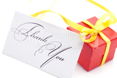 red gift box and thank you card  isolated on white