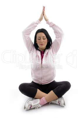front view of woman doing yoga on white background