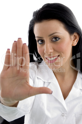 front view of doctor asking to stop on white background