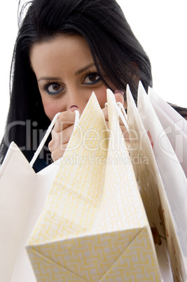 front view of model showing shopping bags