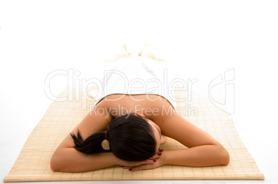 front view of relaxing woman on white background