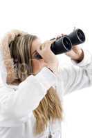 professional photographer eyeing with binoculars